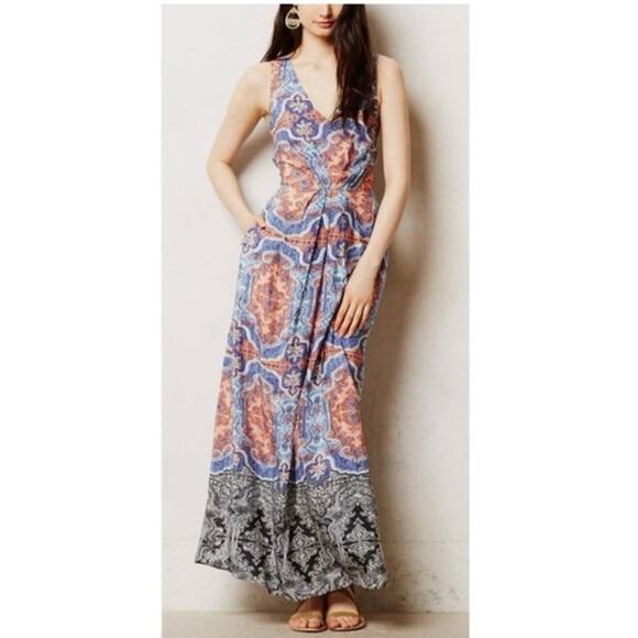 Maeve Medallion Silk Sleeveless V-Neck Maxi Dress Cutout Back Size 8 - Picture 12 of 13